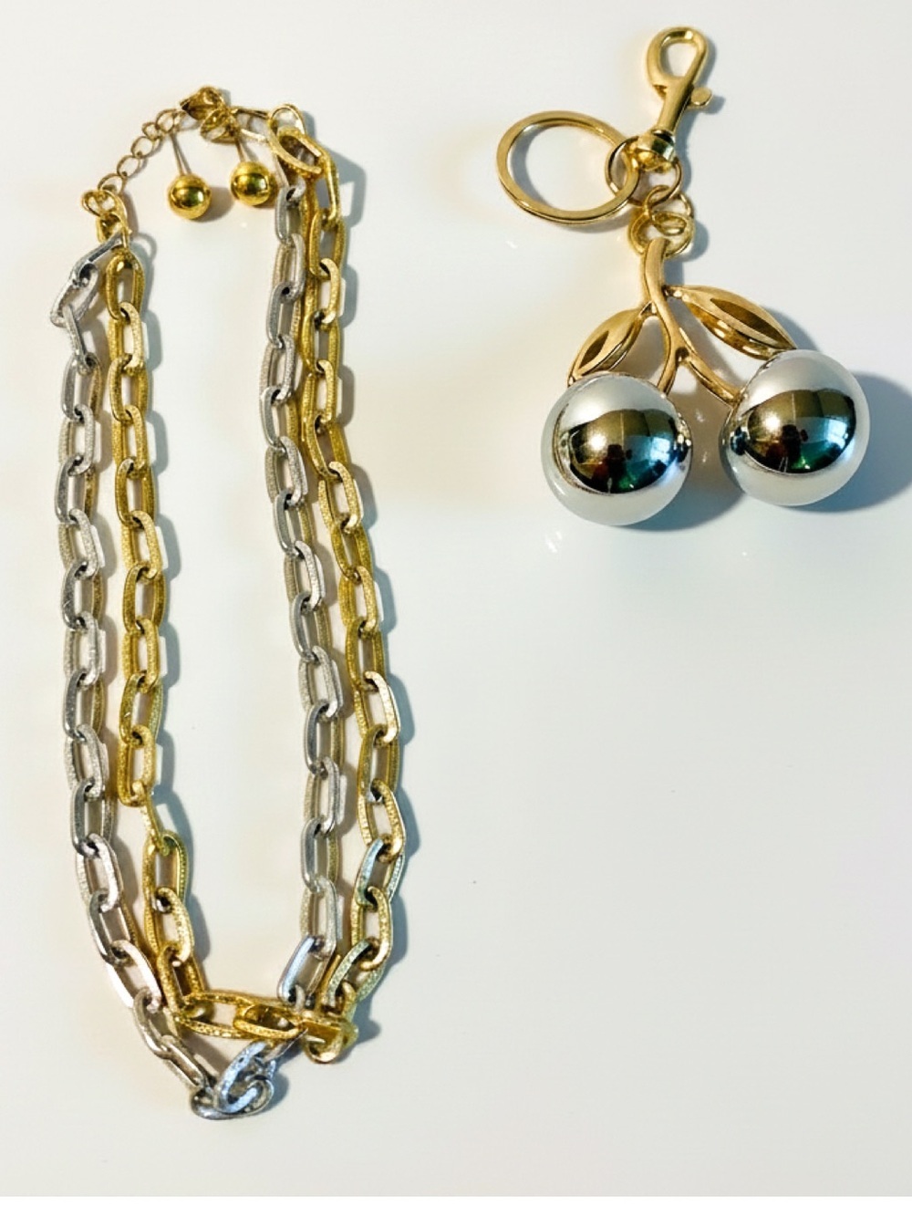💛🆕💜 Carol for Evagraham Silver and Gold Necklace Set & Cherry Keychain